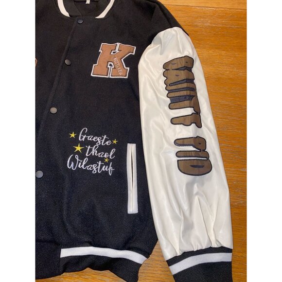 Graffiti Puzzle Bomber Jacket Black & White Varsity Style - Picture 5 of 6
